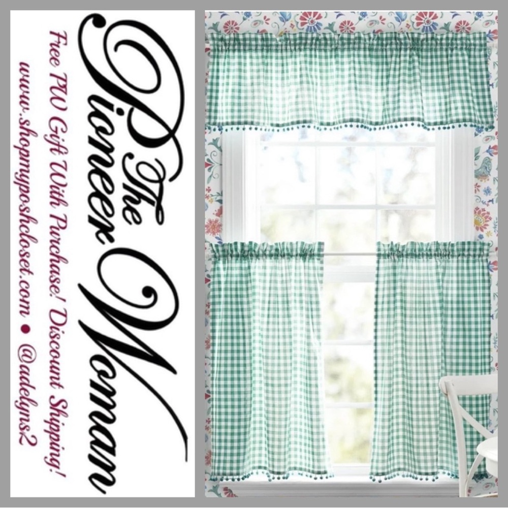🌺 New Pioneer Woman Teal Blue Gingham 3 pc Kitchen Curtains And Valance Set - Picture 5 of 10